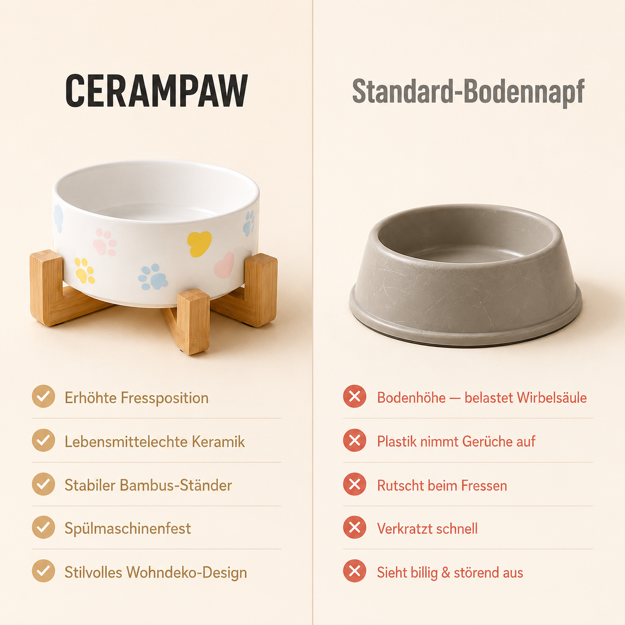 CeramPaw – 3er Set Erhöhter Keramiknapf mit Holzständer für Katzen & Hunde