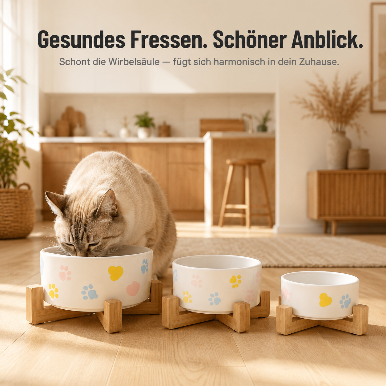 CeramPaw – 3er Set Erhöhter Keramiknapf mit Holzständer für Katzen & Hunde