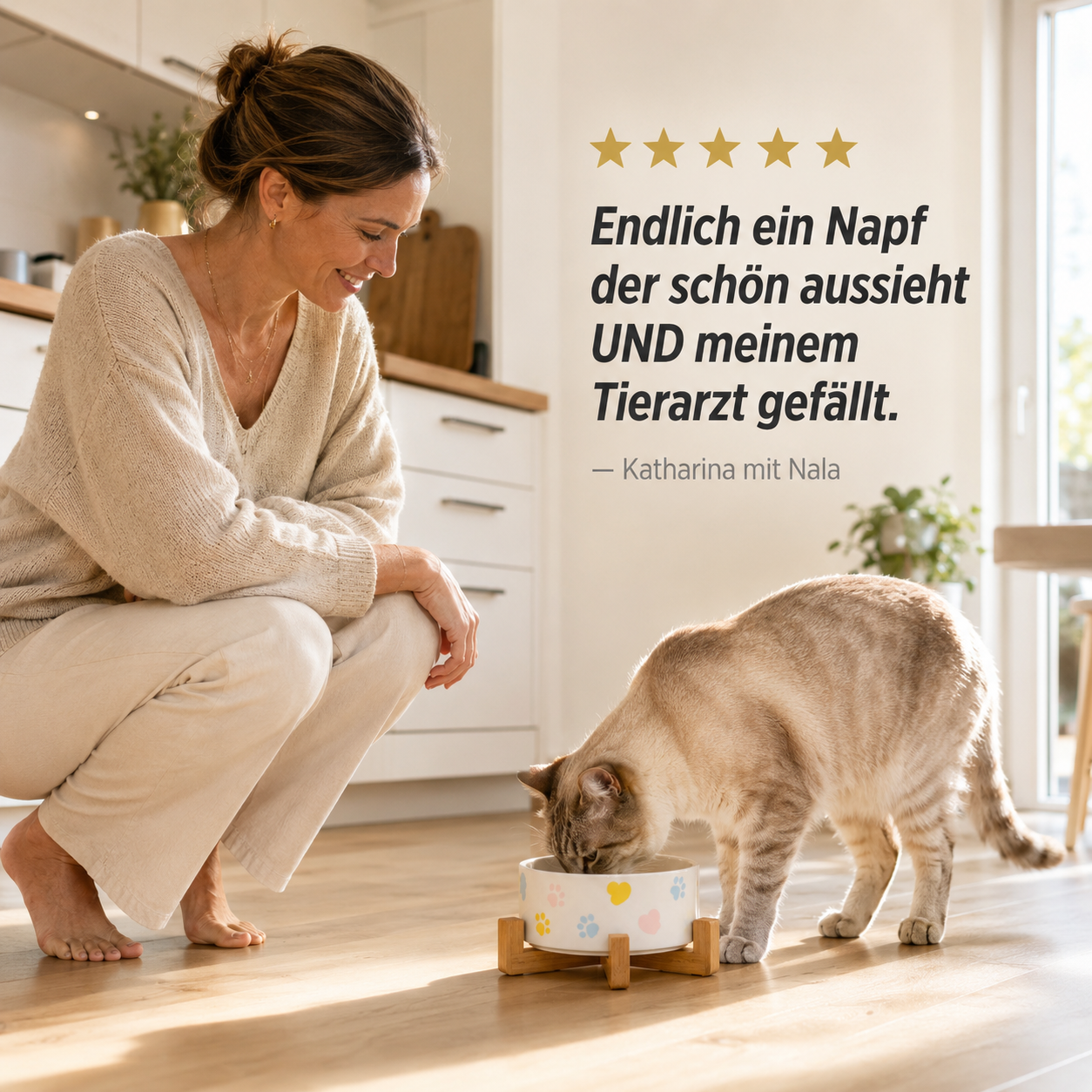 CeramPaw – 3er Set Erhöhter Keramiknapf mit Holzständer für Katzen & Hunde