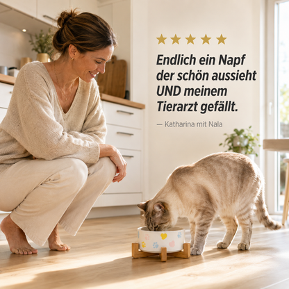 CeramPaw – 3er Set Erhöhter Keramiknapf mit Holzständer für Katzen & Hunde