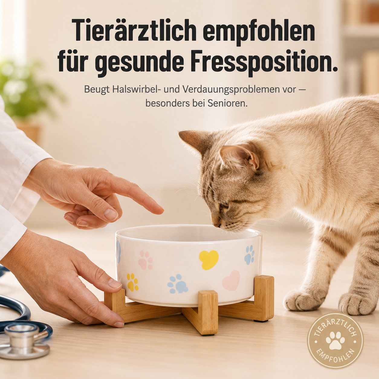 CeramPaw – 3er Set Erhöhter Keramiknapf mit Holzständer für Katzen & Hunde