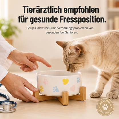 CeramPaw – 3er Set Erhöhter Keramiknapf mit Holzständer für Katzen & Hunde