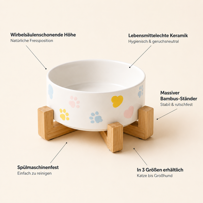 CeramPaw – 3er Set Erhöhter Keramiknapf mit Holzständer für Katzen & Hunde