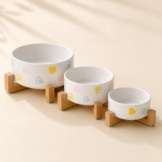 CeramPaw – 3er Set Erhöhter Keramiknapf mit Holzständer für Katzen & Hunde