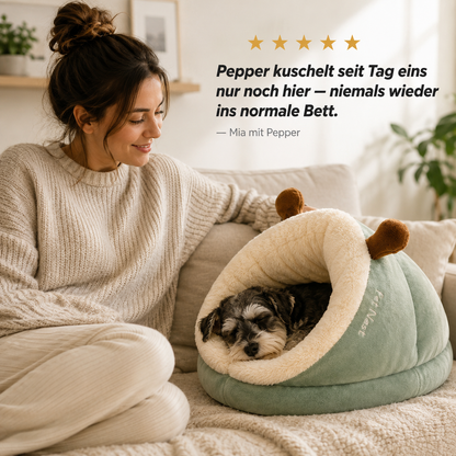 SlipperPaw – Warmes Höhlenbett im Hausschuh-Design